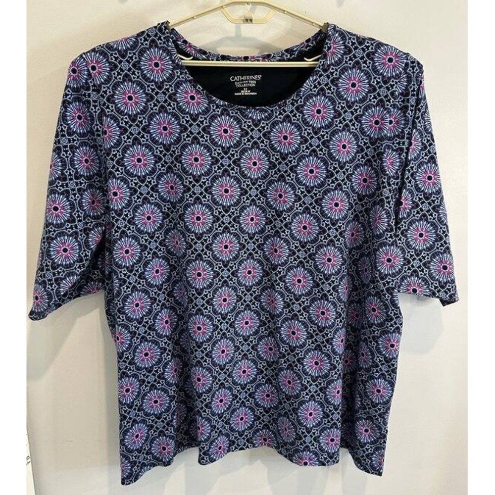 Catherines Easy Fit Tees Collection Navy Print Elbow Sleeve Shirt 3X 26W 28W